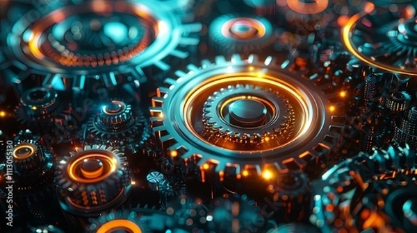Fototapeta Intricate Network of Glowing Gears and Cogs in a Futuristic Mechanism