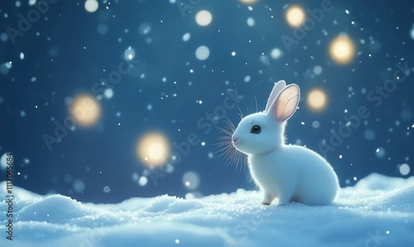 Fototapeta A white rabbit stands on snow under a night sky with glowing lights in the background.