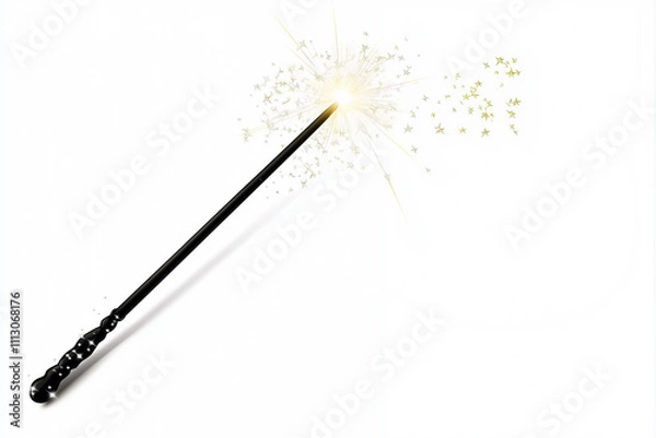 Obraz Realistic brown Magic wand with golden glowing shiny stars trail on white background. Fantasy wizard spell stick with glow wave trace. Fairytale magician rod with twinkle streak.	