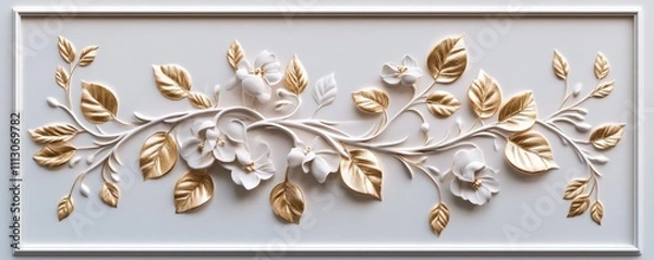 Fototapeta Design a luxury wall bas-relief with stucco moldings. Branch with golden leaves. As an illustration for an invitation, a postcard, or an interior design project.