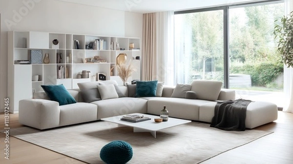 Obraz 大きなL字型ソファと明るい自然光が差し込むモダンなリビングルーム | Modern Living Room with Large L-Shaped Sofa and Abundant Natural Light