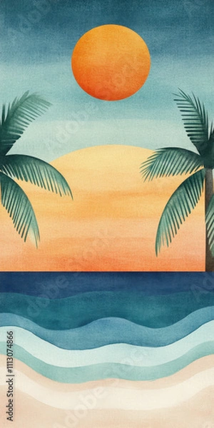 Fototapeta Hawaii style art. A vibrant sunset beach scene featuring palm trees, gentle waves, and a warm orange sun against a colorful sky.