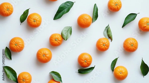 Fototapeta A Lovely Arrangement of Fresh Oranges Complete with Their Leaves Set Against a Light Background