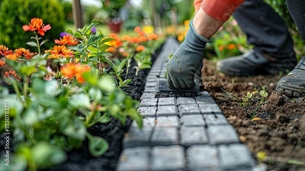 Obraz Gardener installing gray paving stones beside vibrant orange and yellow flowers.