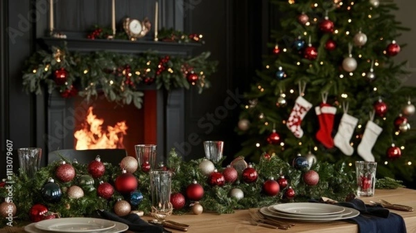 Fototapeta A festive dining setup with a decorated tree and a cozy fireplace for holiday celebrations.