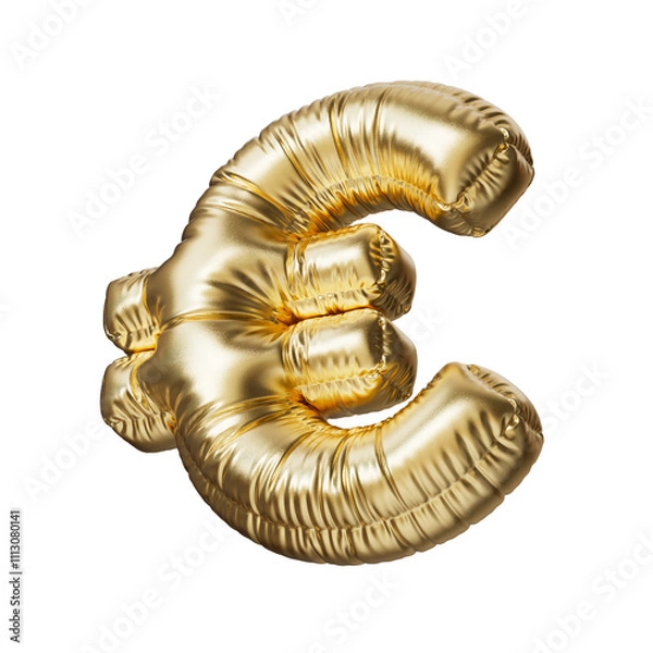 Fototapeta EUR. Euro icon. European currency sign in the shape of a balloon, isolated on a transparent background. An inflatable balloon of gold color with a glossy texture.