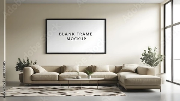 Obraz "Modern Living Room with Minimalist Accent Wall – Blank Frame Mockup and Scandinavian-Inspired Interior Design"
