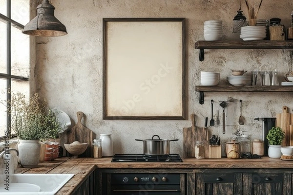 Fototapeta Rustic kitchen interior with open shelves and wooden accents in a warm, natural light setting