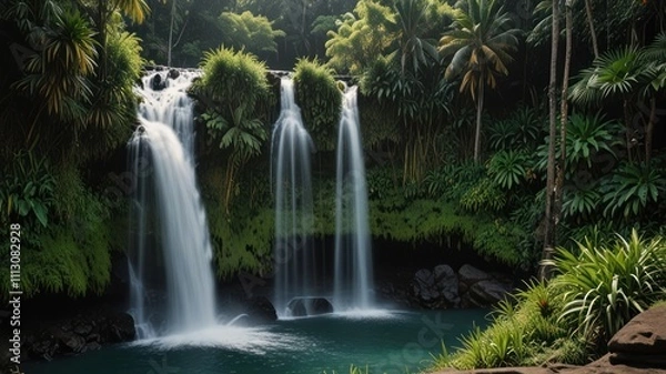 Fototapeta Lush tropical rainforest with cascading waterfalls into a turquoise pool.