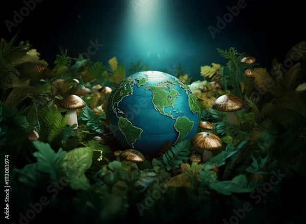 Fototapeta A glowing Earth rests amidst lush, vibrant foliage and luminous mushrooms, bathed in an ethereal light.  The scene evokes a sense of environmental wonder and fragility.