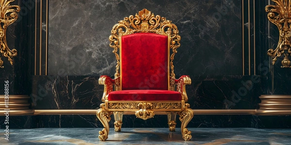 Obraz Ornate red and gold throne elevated on a platform, symbolizing royalty and grandeur