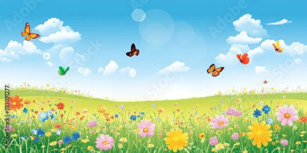 Fototapeta A vibrant summer meadow filled with wildflowers, butterflies fluttering, and a clear blue sky. The cheerful and lively setting embodies the essence of warm, sunny days.