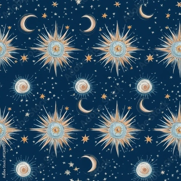 Fototapeta Celestial Pattern with Suns, Moons, and Stars Design