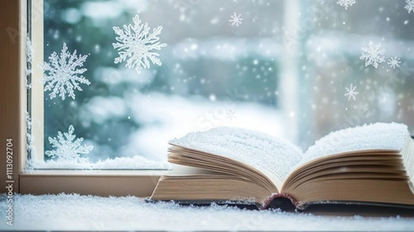 Fototapeta Open book on snowy windowsill, with snowflakes outside window