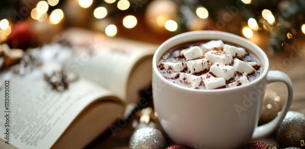 Fototapeta Cozy hot chocolate with marshmallows in festive setting warm bokeh lights