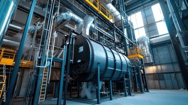 Fototapeta Industrial facility featuring a large boiler and complex piping for energy production.