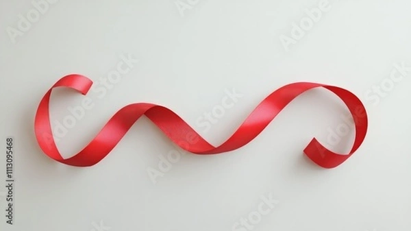 Fototapeta Single red ribbon curled artistically on plain white background
