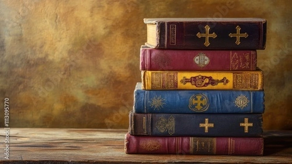 Fototapeta Stack of old religious books with ornate covers on wooden table