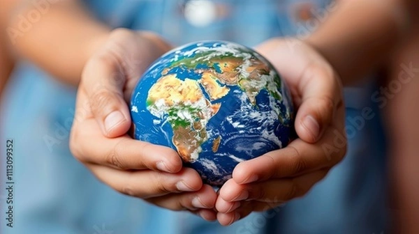 Fototapeta Child's Hands Gently Holding a Miniature Earth Globe