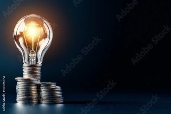 Fototapeta A light bulb glowing atop stacks of coins symbolizes innovation, wealth, and the fusion of ideas and finance in a dark, minimalist setting.