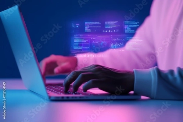 Fototapeta Young caucasian male analyzing data on laptop with futuristic digital interface