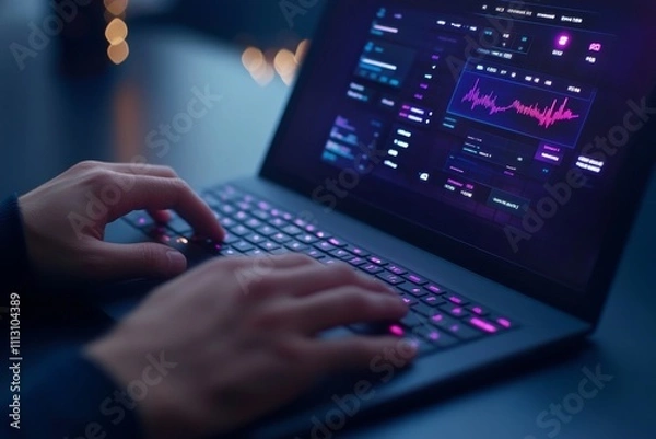 Fototapeta Male hands typing on laptop displaying music editing software at night