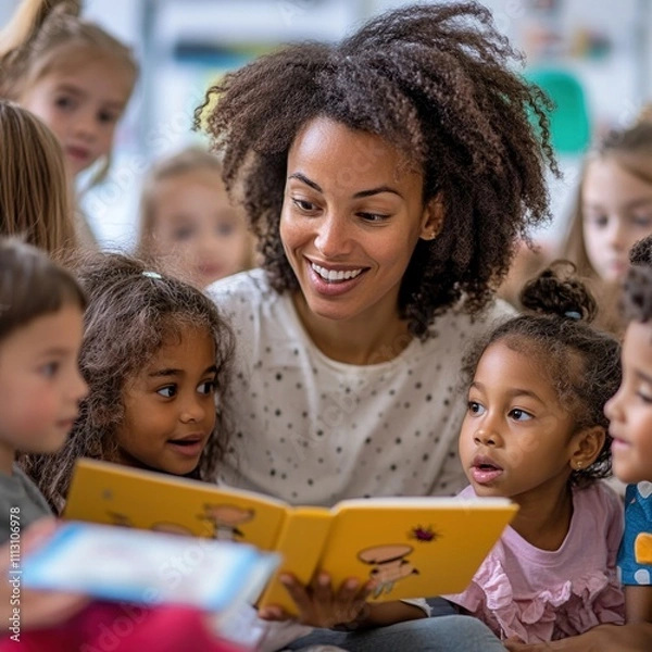 Fototapeta Teacher reading book to attentive diverse children in classroom setting, educational interaction, vibrant learning moment concept
