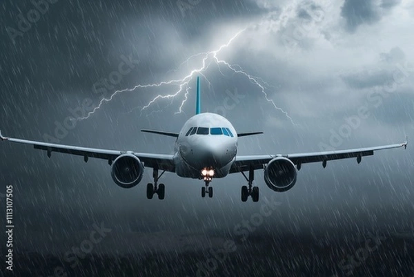 Fototapeta Airplane flying through thunderstorm with lightning and rain