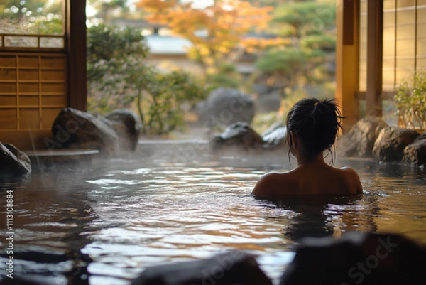 Fototapeta 自然に囲まれた露天風呂でリラックスする女性