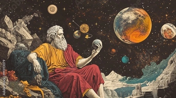 Fototapeta A wise old man sits on a rocky cliff, gazing at the stars and holding a miniature globe in his hand, surrounded by a cosmic scene of planets and stars.