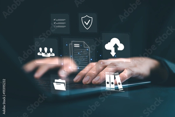 Fototapeta Businesswoman using laptop to document management concept, online documentation database and digital file storage system or software, records keeping, database technology, file access, doc sharing.