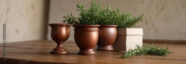 Fototapeta An antique copper collar surrounds a small ceramic urn with a sprig of rosemary and a ribbon tied around it on a wooden table, urn, copper jewelry, pet memorial