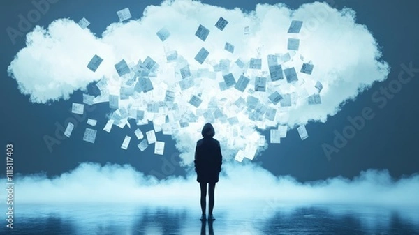 Fototapeta Silhouette of person standing before floating digital documents in cloud-like formation