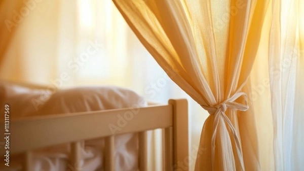 Fototapeta Sunlight filters through yellow curtains tied back near wooden crib in softly lit room