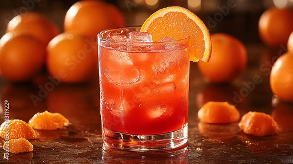 Fototapeta vibrant cocktail garnished with a fresh orange slice, representing a refreshing and relaxing moment, ideal for summer or tropical themes, evoking a sense of rejuvenation and pleasure

