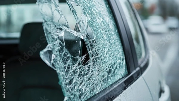 Fototapeta Car with shattered side window, glass broken and cracked