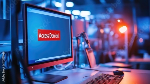Fototapeta Computer screen displaying "Access Denied" in dimly lit office