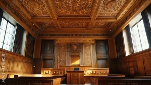 Fototapeta Ornate wooden courtroom with intricate ceiling carvings and large windows