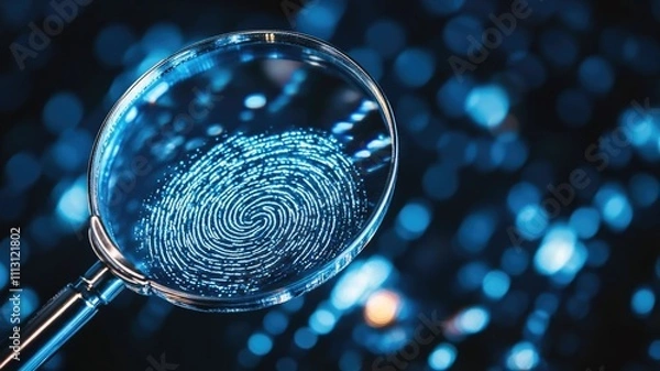 Fototapeta Magnifying glass enlarging fingerprint on blue bokeh background, symbolizing forensic investigation