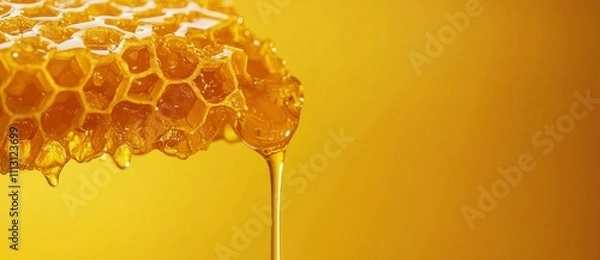 Fototapeta Golden honey dripping from honeycomb against a bright yellow background, showcasing the natural sweetness and texture of honey. Sweetness and nature concept.