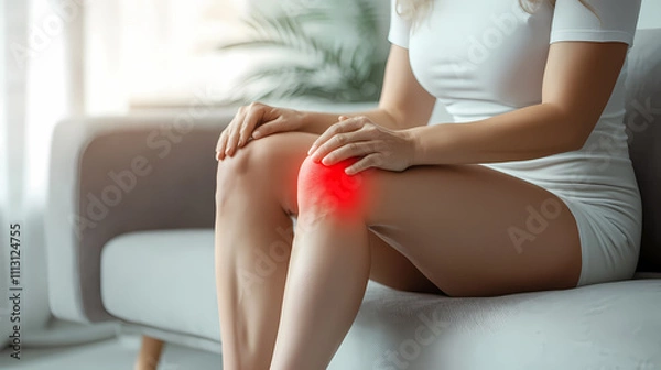Fototapeta A woman sitting on the sofa with red pain in her knee, holding it and looking at it. The background is a light gray or white living room, a close-up of her leg and skin, a side view, in the style of p