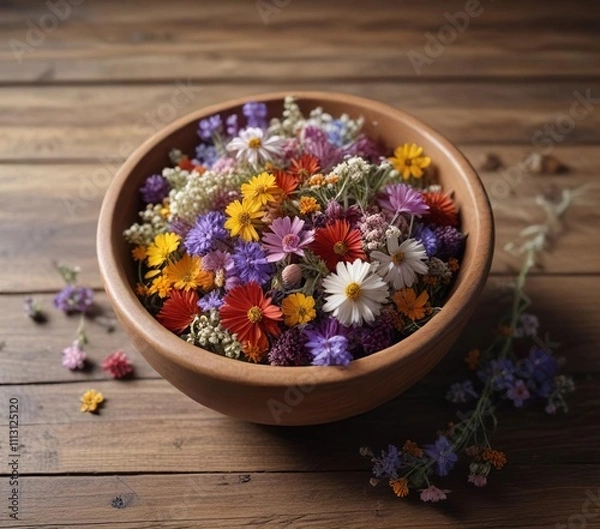 Fototapeta Small bowl of mixed dried flowers on wooden table, small bowl, natural bouquet