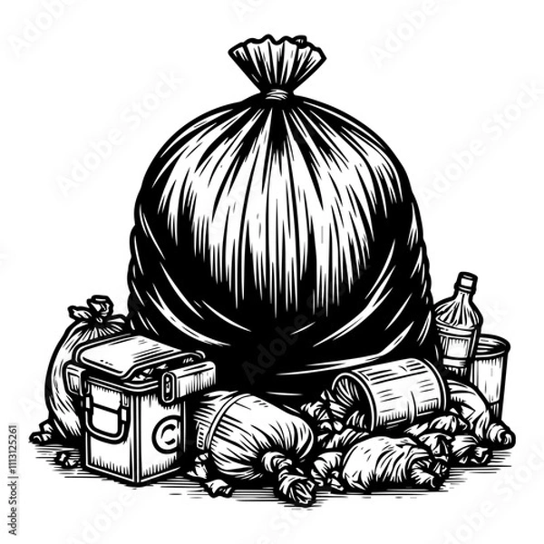 Fototapeta Black and white illustration of a garbage bag filled with trash. Vector, generative ai.