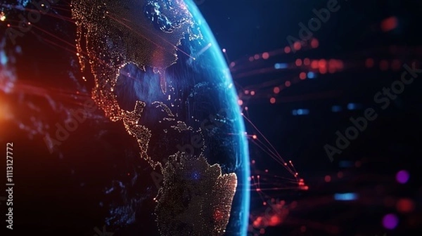 Fototapeta Visual representation of Earth highlighting digital connections and global networks in a vibrant dark backdrop