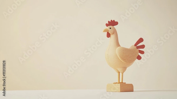 Obraz Wooden chicken figurine on pedestal in minimalist setting