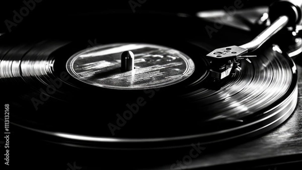 Obraz Black and white close-up of vinyl record spinning on turntable