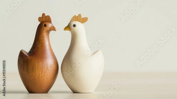 Obraz Two wooden chicken figures, one brown and white, on smooth surface