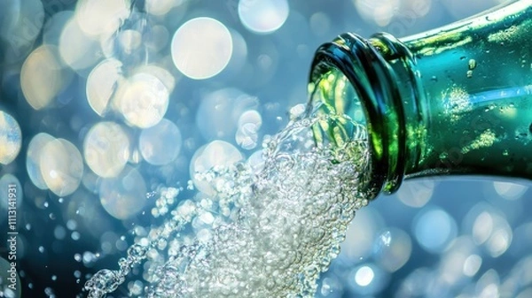 Obraz Refreshing sparkling water being poured from green glass bottle