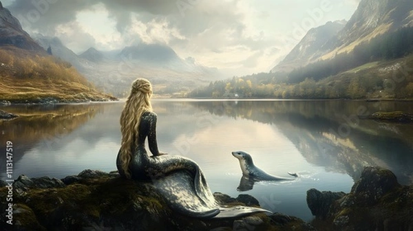 Fototapeta A neutral composition of a selkie gazing out over a calm, reflective lake, her seal skin draped gently across her lap.