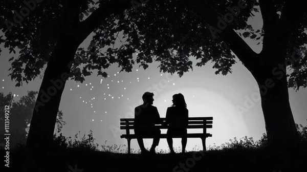 Fototapeta A silhouette of a couple sitting on a bench under trees, creating a romantic atmosphere.